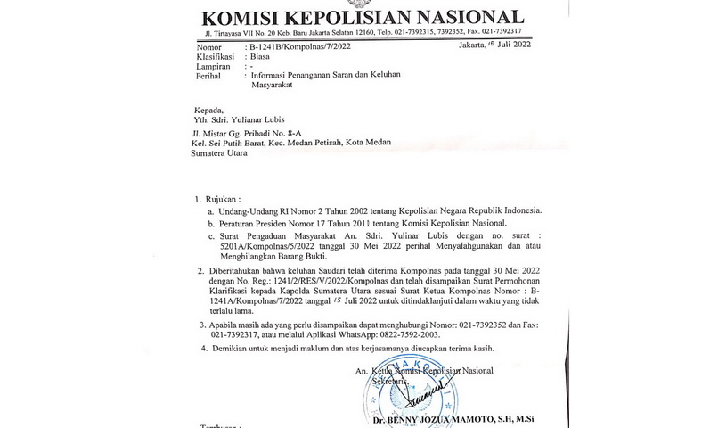 Laporan dari Organisasi Masyarakat (Ormas) Gerakan Nasional Pencegahan Korupsi (GNPK -RI) Sumatera Utara akhirnya mendapat jawaban dari Komisi Kepolisian Nasional (Kompolnas).