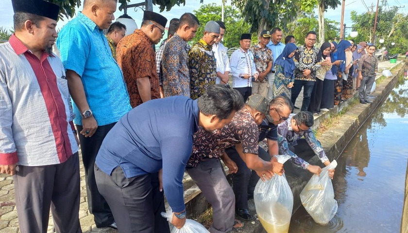 Pj Bupati Aceh Singkil Marthunis ST DEA berkesempatan melakukan pelepasan terhadap 5.000 bibit Ikan Nila di parit sepanjang halaman Masjid Agung Nurul Makmur dan halaman Pendopo Bupati.