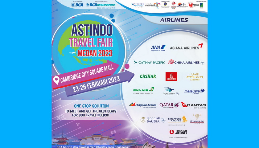 ASTINDO akan kembali menggelar pameran perjalanan terbesar di Indonesia ASTINDO Travel Fair 2023 yang akan berlangsung 23-26 Februari secara serentak di 4 Kota, yaitu Jakarta, Surabaya, Medan, dan Bali.