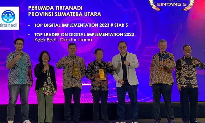Perumda Tirtanadi kembali berhasil meraih Top Digital Implementation di tahun 2023 dengan predikat Bintang 5. Sementara Direktur Utama Kabir Bedi berdasarkan penilaian dari majalah IT Work, berhasil 'menyabet' predikat Top Leader on Digital.
