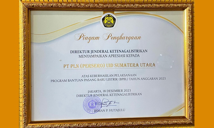 PLN UID Sumatera Utara meraih perhargaan atas keberhasilan pelaksanaan program Bantuan Pasang Baru Listrik (BPBL) Tahun Anggaran 2023 dari Direktur Jenderal Ketenagalistrikan, beberapa waktu lalu.