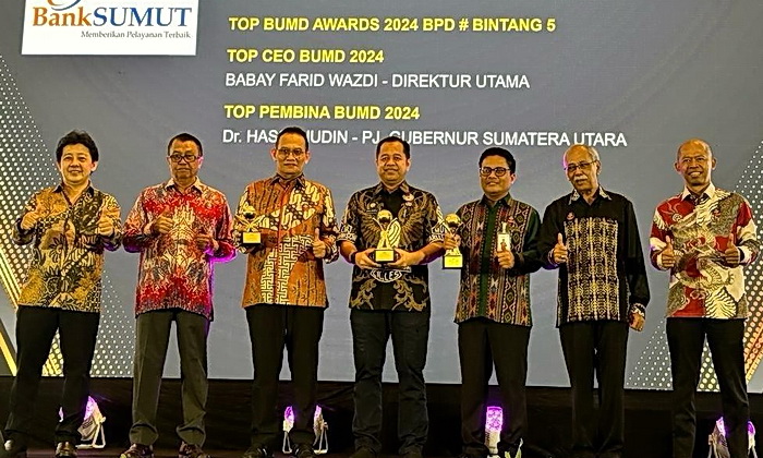 PT Bank Sumut kembali menorehkan prestasi membanggakan dalam ajang TOP BUMD Awards 2024 di Dian Ballroom, Hotel Raffless Jakarta, Rabu (20/3/2024)