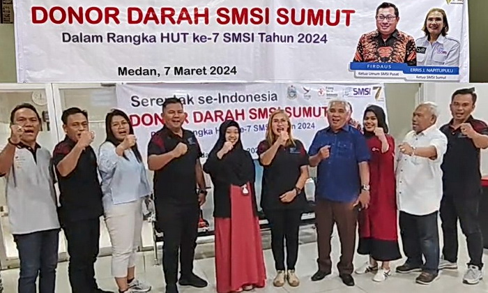 Ketua Palang Merah Indonesia (PMI) Kota Medan Musa Rajekshah, diwakili dr Avina dari Unit Donor Darah (UDD), berterima kasih kepada Pengurus Serikat Media Siber Indonesia (SMSI) Provinsi Sumatera Utara.