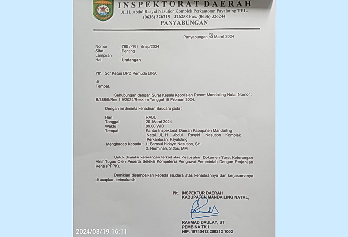 Ketua DPD Pemuda LIRA Mandailing Natal (Madina) Asron Nasution, besok, Rabu (20/3/2024), sekira pukul 09.00 WIB diundang Inspektorat.