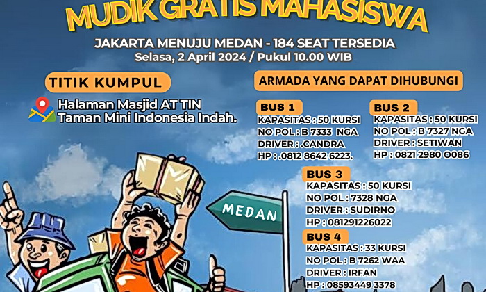 Polda Sumut menyediakan sebanyak empat armada bus gratis yang akan membawa mahasiswa yang belajar di Jakarta mudik ke Medan saat Libur Lebaran Idul Fitri 1445 H
