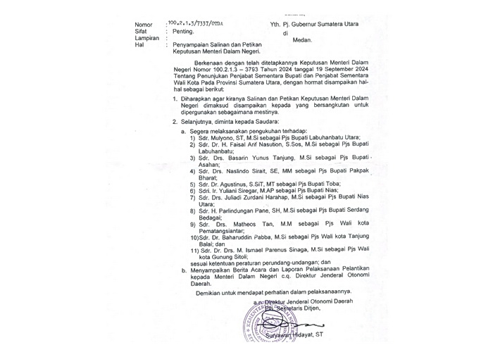 Terungkap bahwa yang meneken SK Wakil Walikota Medan Aulia Rahman menjadi Pj Walikota Medan bukan pejabat Kementeri Dalam Negeri (Kemendagri).