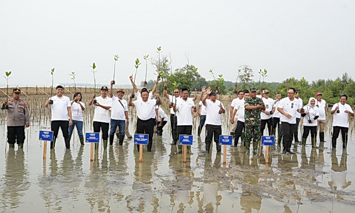 PT Telkom melakukan 'Aksi Restorasi Bumi' dengan melakukan penanaman 10 ribu pohon mangrove di Pantai Istambul Glagah Wangi, Demak, Jawa Tengah.
