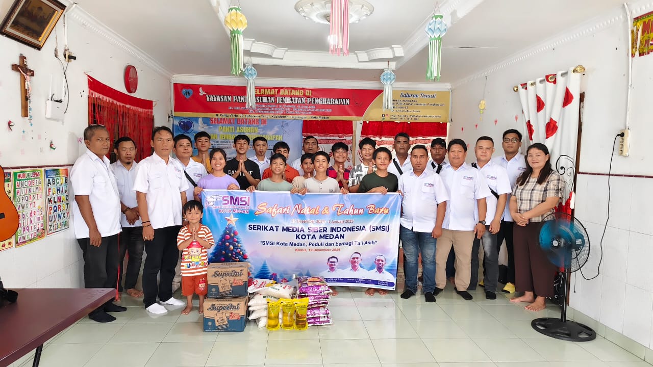 Serikat Media Siber Indonesia (SMSI) Kota Medan ikut mengisi perayaan Natal tahun ini lewat bakti sosial ke panti asuhan pada Kamis, 19 Desember 2024. Dua panti asuhan yang menjadi lokasi baksos yakni, Yayasan Panti Asuhan Cinta Karunia dan Panti Asuhan Jembatan Harapan.