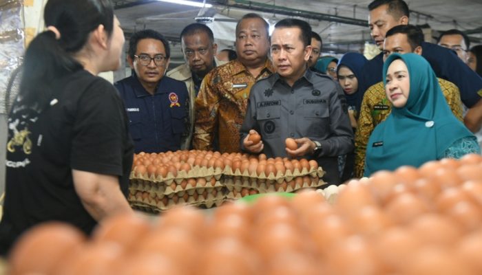 Pj Gubernur Sumatera Utara (Sumut) Agus Fatoni bersama Pj Ketua TP PKK Sumut didampingi Kadis Kominfo Sumut Ilyas S Sitorus, Kadis Ketapang dan Holtikultura Rajali, Kadis Perindag ESDM Sumut Mulyadi Simatupang serta OPD lainnya, meninjau harga bahan pangan di Pasar Petisah Medan, Jumat (6/11/2024).