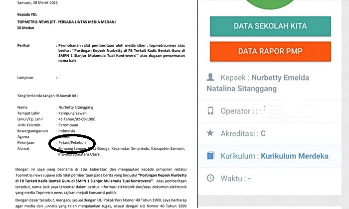 Seorang kepala sekolah di Kabupaten Samosir, Nurbetty Sitanggang, diduga memberikan informasi palsu dalam permohonan ralat berita yang diajukan kepada media online topmetro.news.