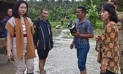 Wakil Bupati Junita Rebeka Marbun SH MAP meninjau bencana tanah longsor dan banjir di Desa Rura Aek Sopang Kecamatan Pakkat, serta menyerahkan bantuan sembako kepada korban terdampak, Jumat (14/3/2025).
