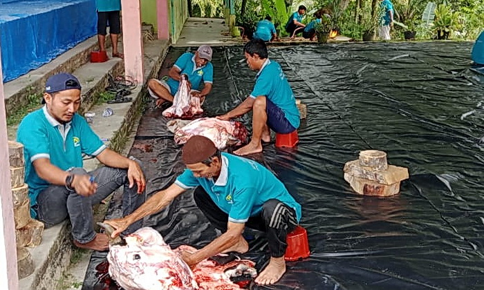 Ketua Panitia Qurban H Juliono. bersama peserta qurban lainnya, melakukan penyembelihan 10 ekor sapi, 1 kambing, di Lingkungan Bandarejo Kelurahan Ujung Bandar Kecamatan Rantau Selatan, Labuhanbatu