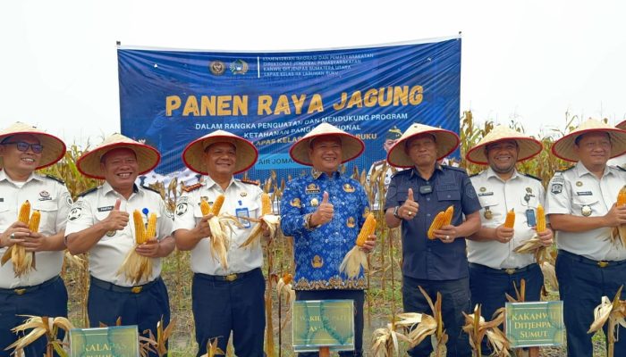 Wakil Bupati Asahan Rianto SH MAP, Kabagtum Kanwil Ditjen Imigrasi dan Pemasyarakatan Provsu Bejo SH MH dan Kalapas Labuhan Ruku Dr Hamdi Hasibuan melakukan panen raya jagung di Lapas Minimum Security Asahan, Rabu (17/6).